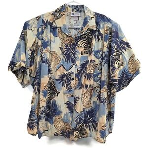 Vintage Top Notch Shirt Mens Large Blue Tan Safari Animal Print Button Front 90s